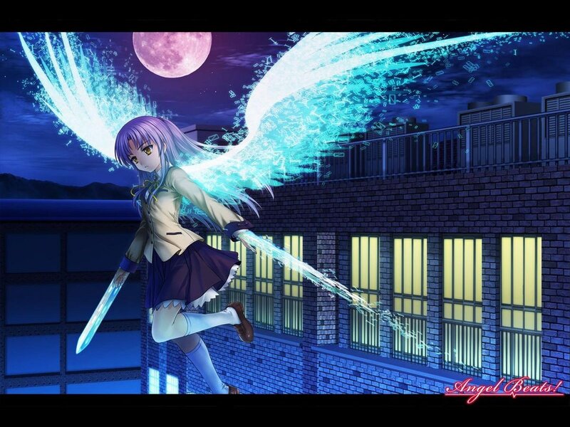 Anime Girl with Wings — Blue, Dramatic, Night, Sword, Moon