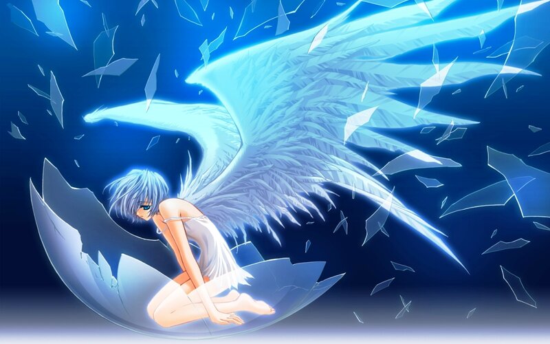 Anime Girl with Wings — Blue, Dramatic, Shattered Glass