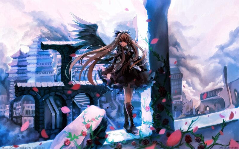 Anime Girl with Wings — Blue, Dramatic, Sunset, Digital Art, Castle