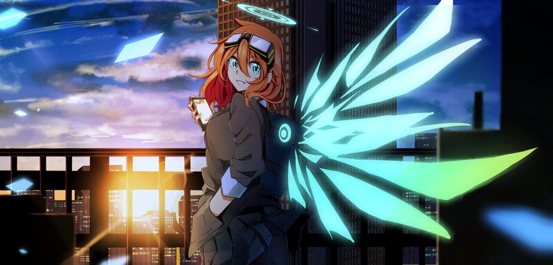 Anime Girl with Wings — Blue, Dramatic, Sunset, Digital Art, Cityscape, Goggles