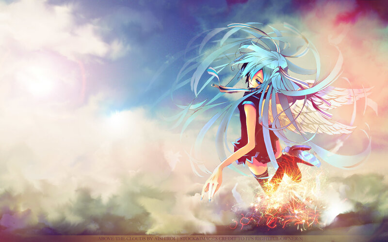 Anime Girl with Wings — Blue, Dramatic, Sunset, Digital Art, Clouds