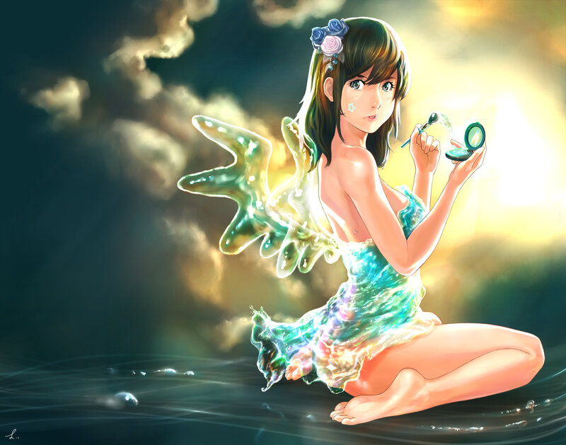 Anime Girl with Wings — Blue, Dramatic, Sunset, Digital Art, Makeup