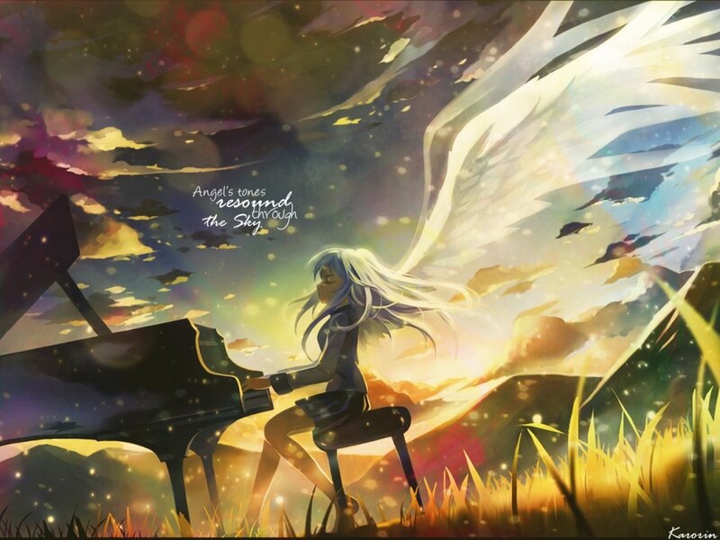 Anime Girl with Wings — Blue, Dramatic, Sunset, Digital Art, Piano