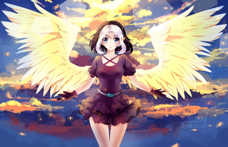 Anime Girl with Wings — Blue, Dramatic, Sunset, Digital Art, Sky