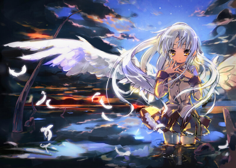 Anime Girl with Wings — Blue, Dramatic, Sunset, Digital Art
