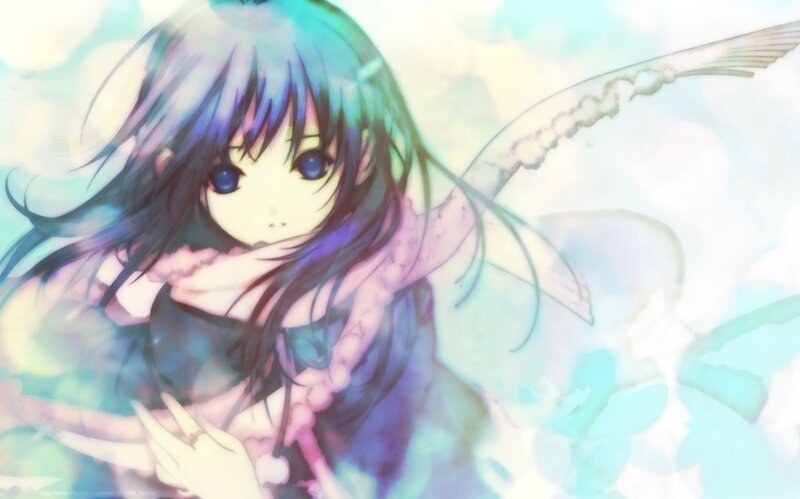 Anime Girl with Wings — Blue, Dreamy, Digital Art, Scarf