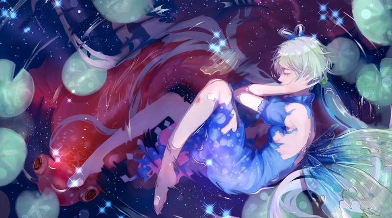 Anime Girl with Wings — Blue, Dreamy, Night, Digital Art, Fish