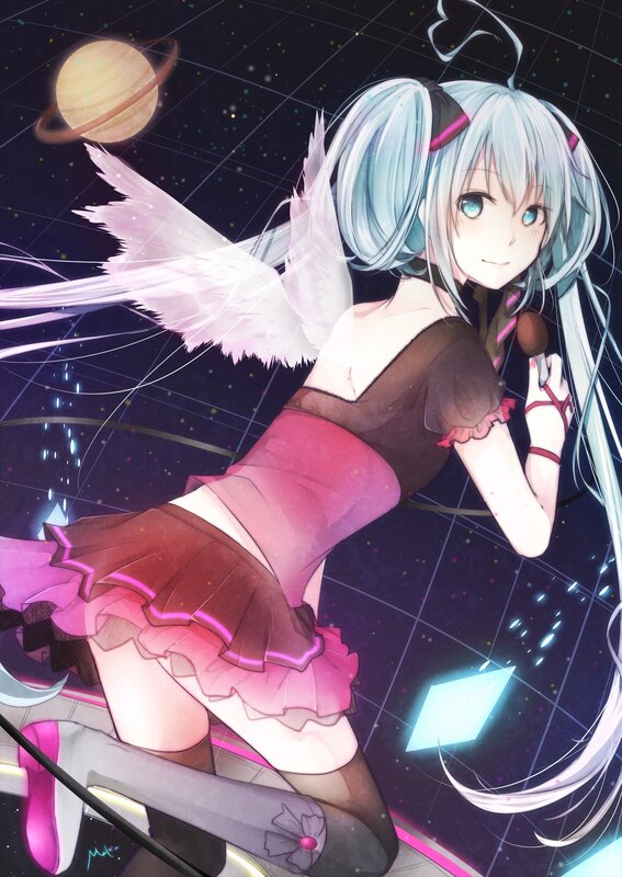 Anime Girl with Wings — Blue, Dreamy, Night, Digital Art, Microphone