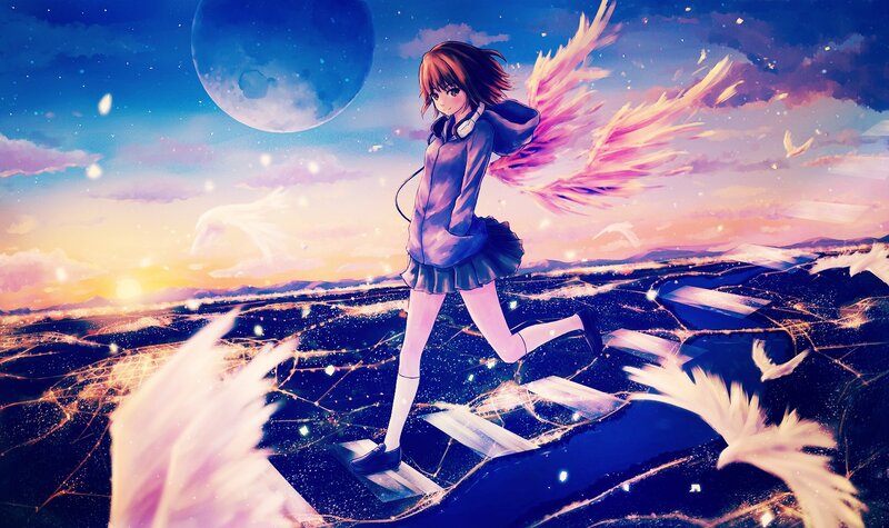 Anime Girl with Wings — Blue, Dreamy, Night, Digital Art, Moon