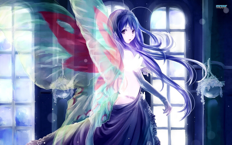 Anime Girl with Wings — Blue, Ethereal, Night, Digital Art, Window