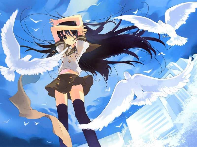 Anime Girl with Wings — Blue, Serene, Afternoon, Birds