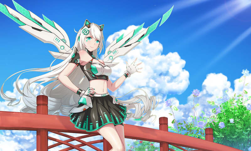 Anime Girl with Wings — Blue, Serene, Afternoon, Digital Art, Bridge