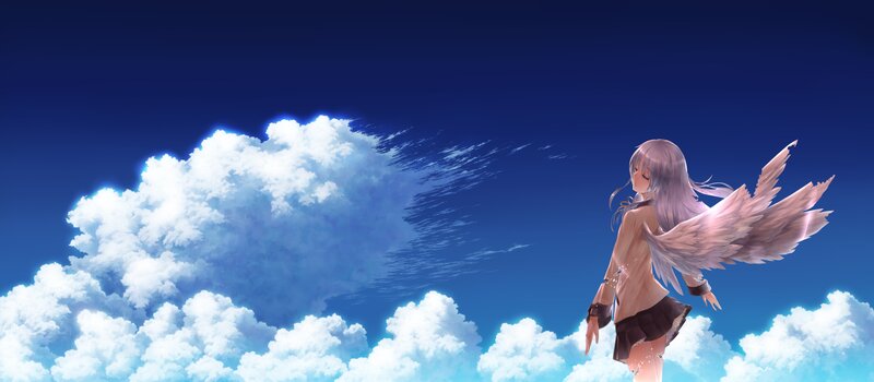 Anime Girl with Wings — Blue, Serene, Afternoon, Digital Art, Clouds, Sky