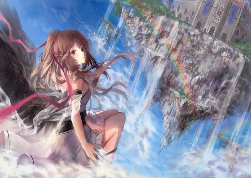 Anime Girl with Wings — Blue, Serene, Afternoon, Digital Art, Clouds