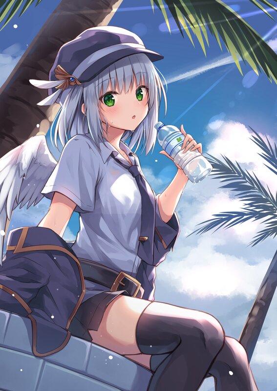 Anime Girl with Wings — Blue, Serene, Afternoon, Digital Art, Palm Tree