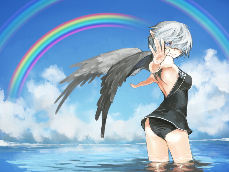 Anime Girl with Wings — Blue, Serene, Afternoon, Digital Art, Rainbow, Clouds