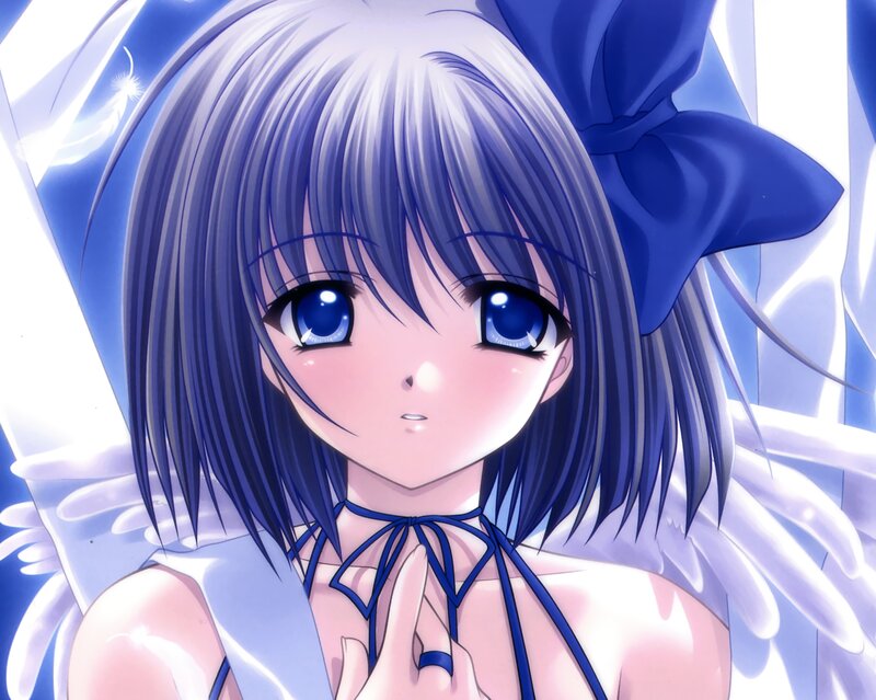 Anime Girl with Wings — Blue, Serene, Blue Bow, Angelic Light