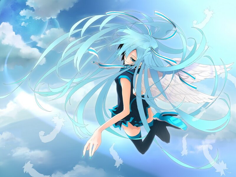 Anime Girl with Wings — Blue, Serene, Clouds, Feathers