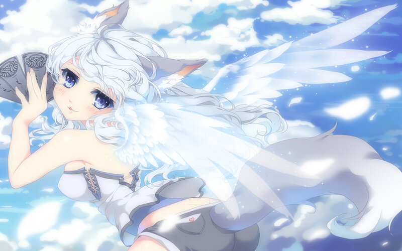 Anime Girl with Wings — Blue, Serene, Digital Art, Cat Ears