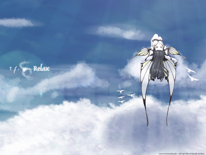 Anime Girl with Wings — Blue, Serene, Digital Art, Clouds, Birds