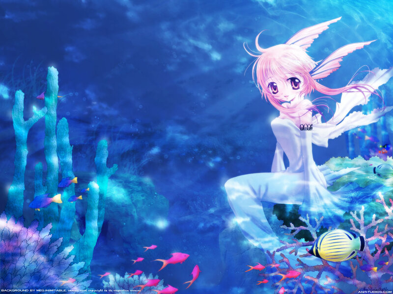 Anime Girl with Wings — Blue, Serene, Digital Art, Coral