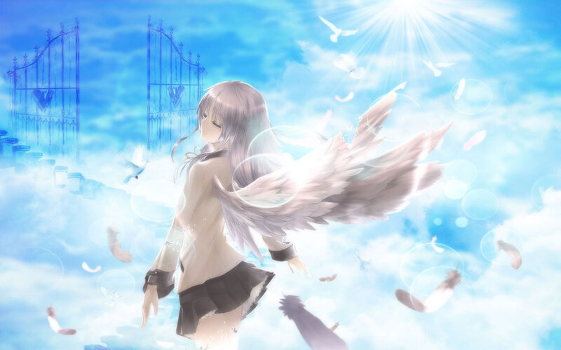 Anime Girl with Wings — Blue, Serene, Digital Art, Feathers, Gates