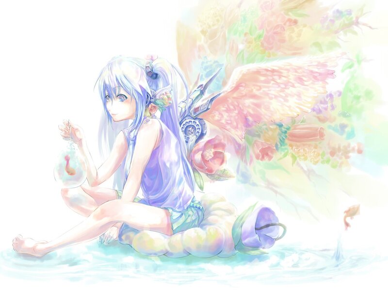 Anime Girl with Wings — Blue, Serene, Digital Art, Fishbowl