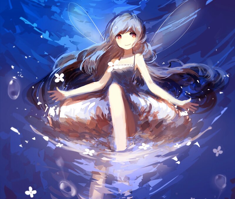 Anime Girl with Wings — Blue, Serene, Digital Art, Flowers, Bubbles