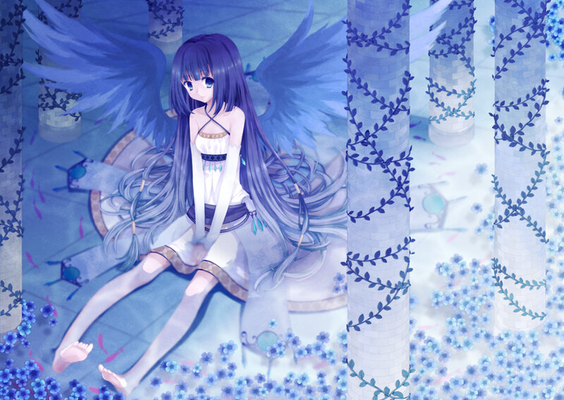 Anime Girl with Wings — Blue, Serene, Digital Art, Flowers, Columns