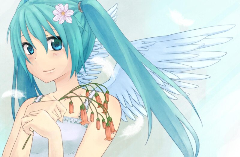 Anime Girl with Wings — Blue, Serene, Digital Art, Flowers