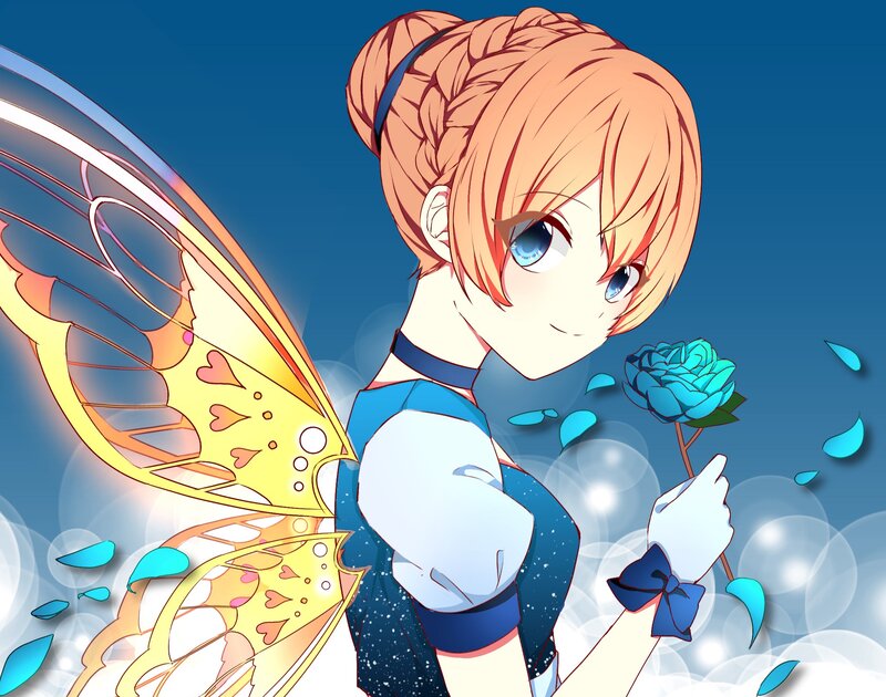 Anime Girl with Wings — Blue, Serene, Digital Art, Rose