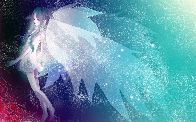 Anime Girl with Wings — Blue, Serene, Digital Art, Sparkles