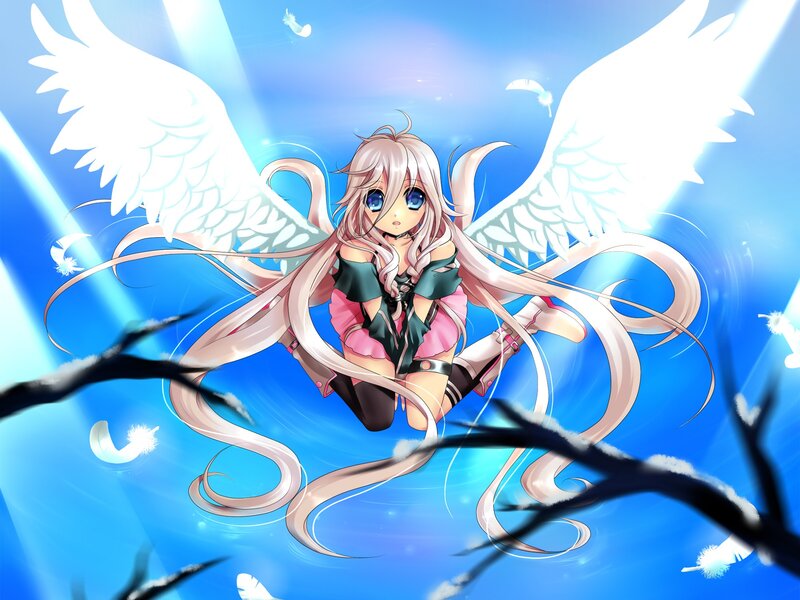 Anime Girl with Wings — Blue, Serene, Feathers, Branches