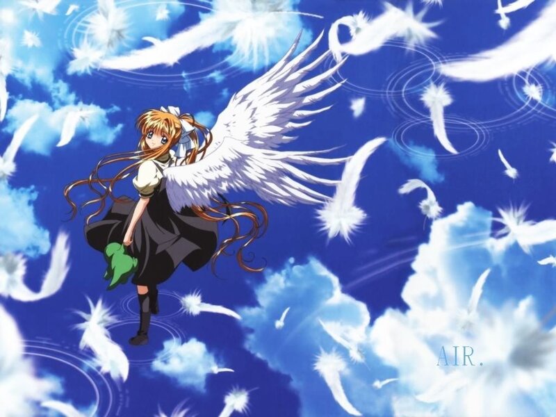 Anime Girl with Wings — Blue, Serene, Feathers, Clouds