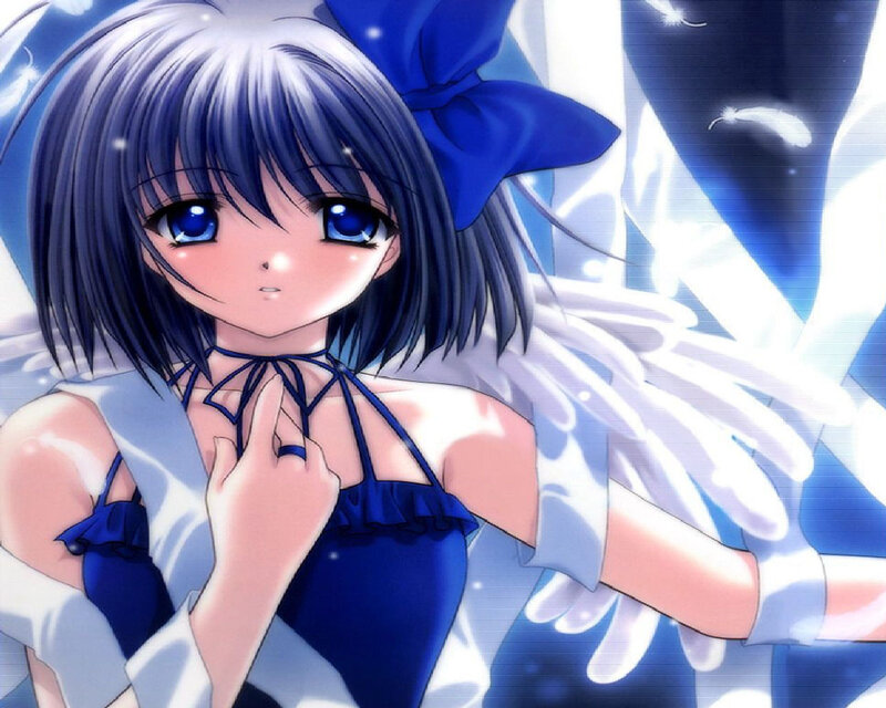 Anime Girl with Wings — Blue, Serene, Manga, Blue Bow