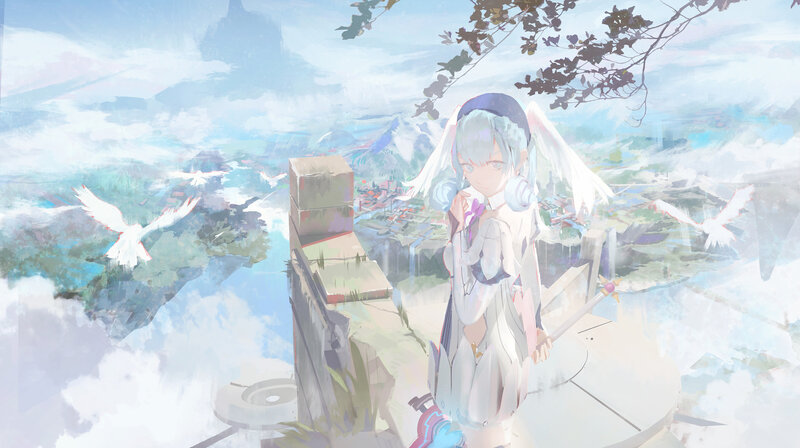 Anime Girl with Wings — Blue, Serene, Morning, Digital Art