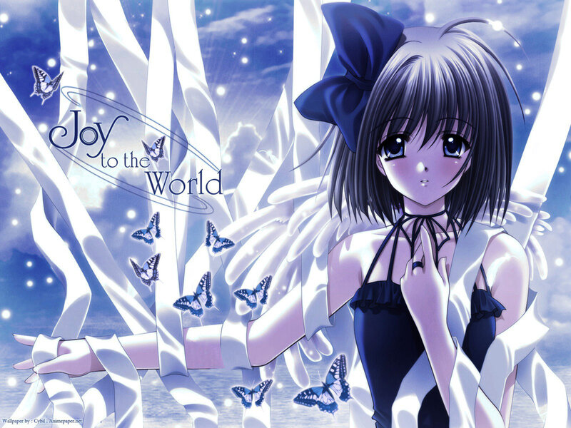 Anime Girl with Wings — Blue, Serene, Night, Butterflies, Bow