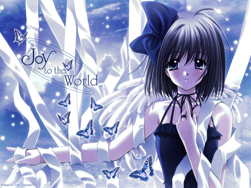 Anime Girl with Wings — Blue, Serene, Night, Butterflies