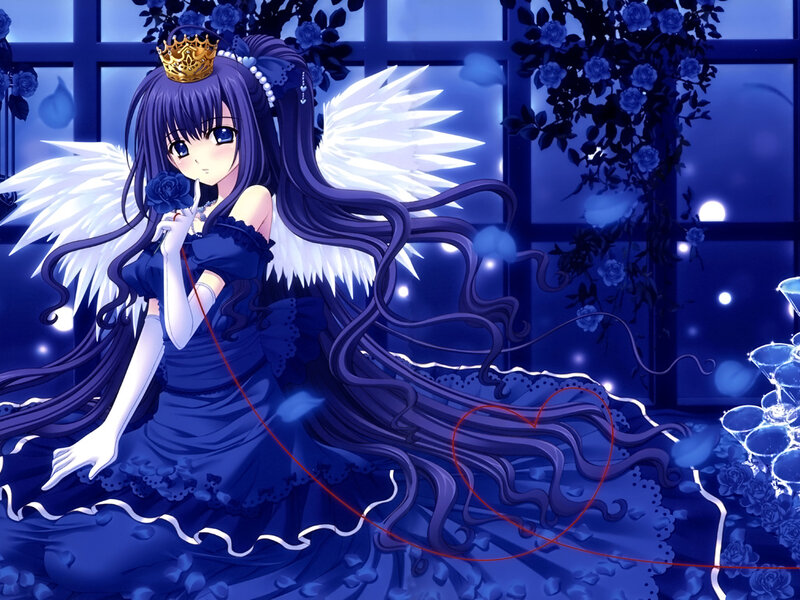 Anime Girl with Wings — Blue, Serene, Night, Crown, Rose