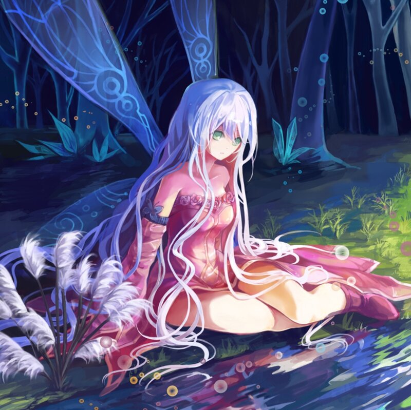Anime Girl with Wings — Blue, Serene, Night, Digital Art, Forest