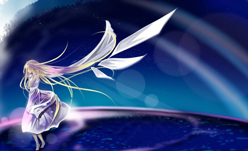 Anime Girl with Wings — Blue, Serene, Night, Digital Art, Long Hair