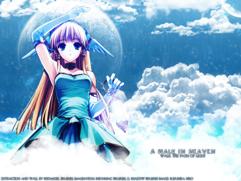 Anime Girl with Wings — Blue, Serene, Night, Digital Art, Moon, Clouds