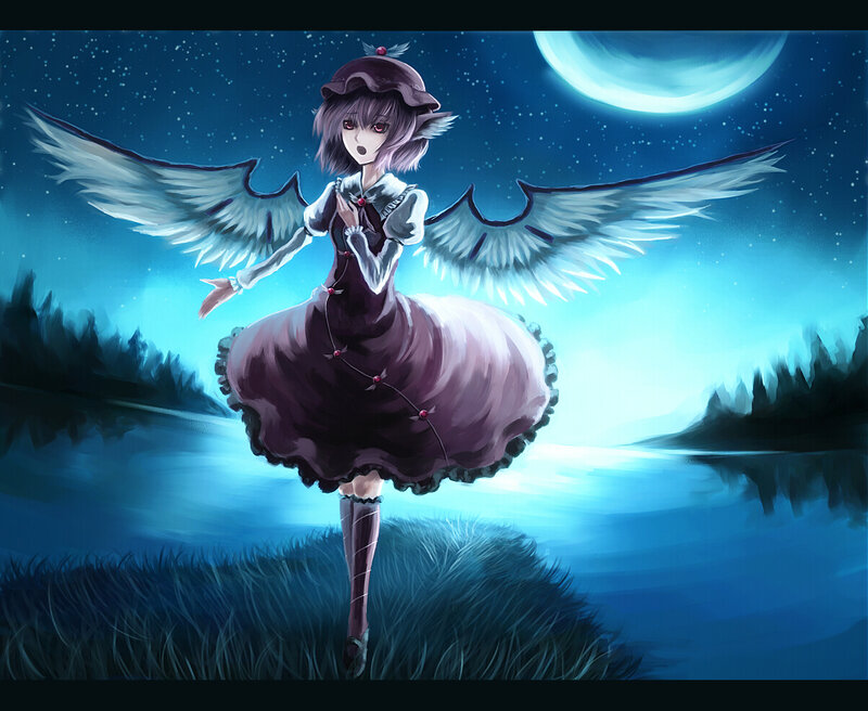 Anime Girl with Wings — Blue, Serene, Night, Digital Art, Moon, River