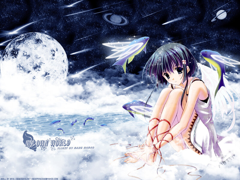 Anime Girl with Wings — Blue, Serene, Night, Digital Art, Moon