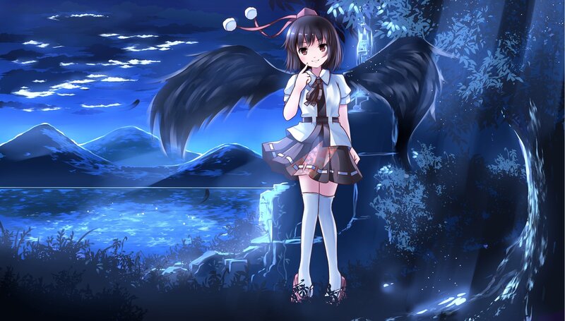 Anime Girl with Wings — Blue, Serene, Night, Digital Art, Mountains