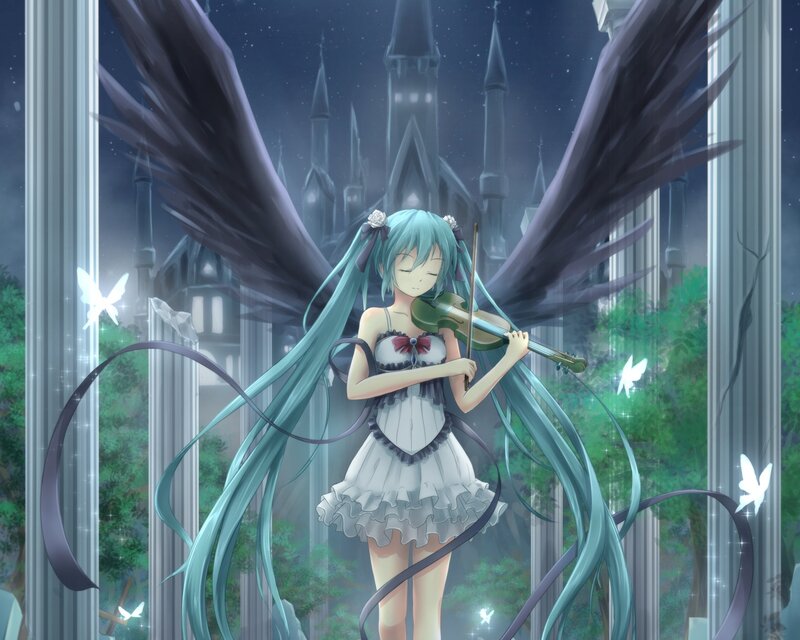 Anime Girl with Wings — Blue, Serene, Night, Digital Art, Violin