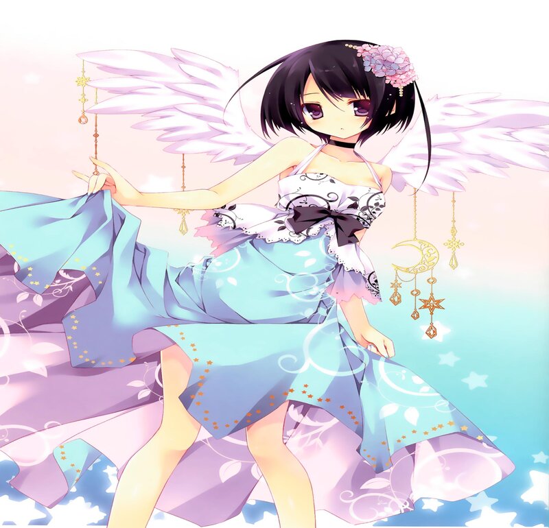 Anime Girl with Wings — Blue, Serene, Night, Dress, Flowers