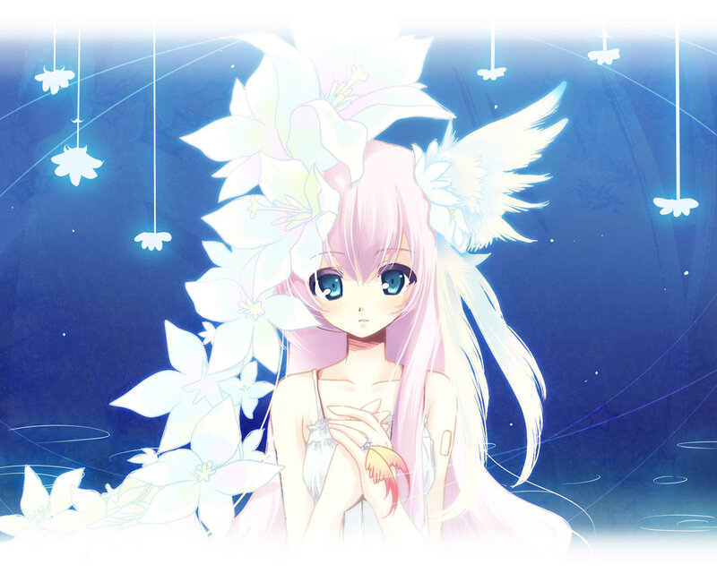 Anime Girl with Wings — Blue, Serene, Night, Flowers
