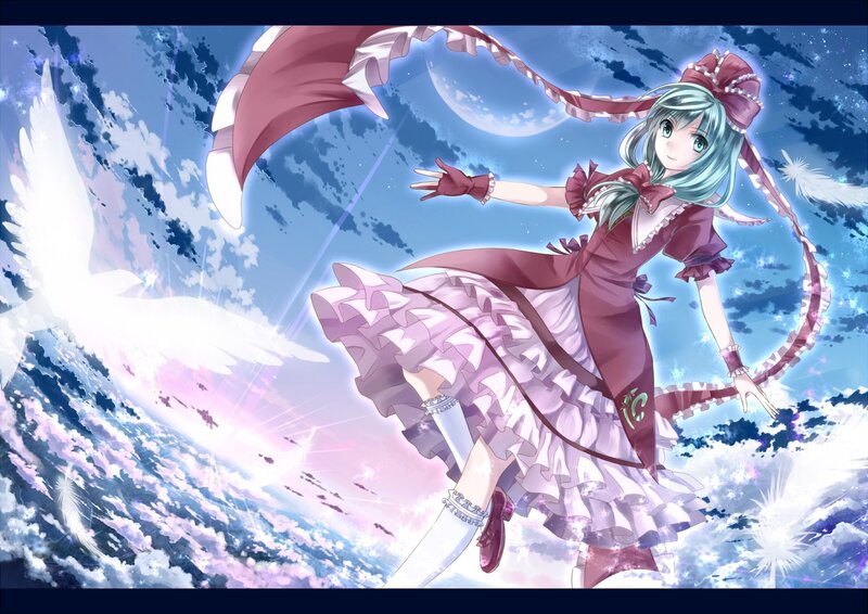 Anime Girl with Wings — Blue, Serene, Night, Moon, Clouds, Purple