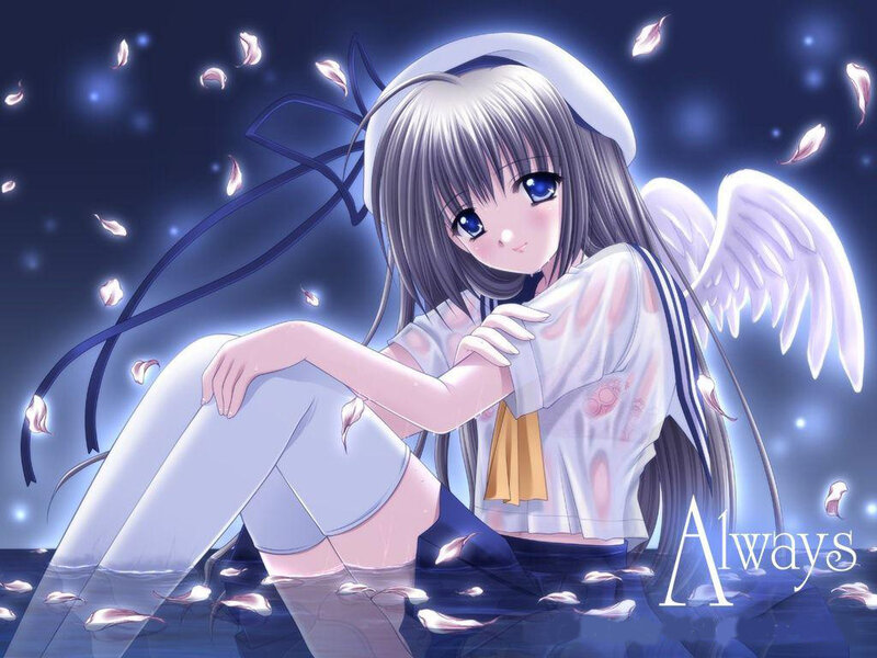 Anime Girl with Wings — Blue, Serene, Night, Petals